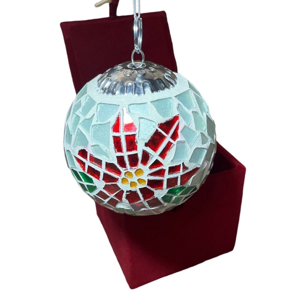 Mosaic Poinsettia Ornament 3.5" Christmas Tree Decor Red Velvet Box Included